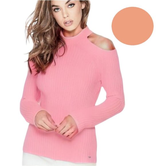 RARE Vntg Guess Ribbed Cut Out Cold Shoulder knit Sweater Salmon Pink Barbiecore - Picture 2 of 15